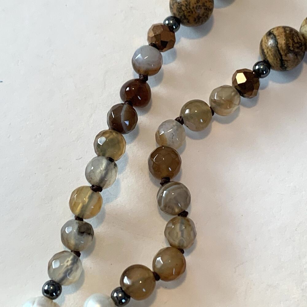 Vtg Agate Cultured Pearl Necklace Polished Gemstones Bold Southwest Statement - Picture 4 of 13